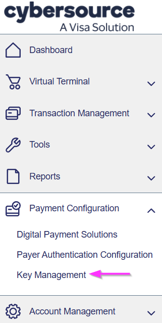 CyberSource Business Center showing Payment Configuration and Key Management navigation