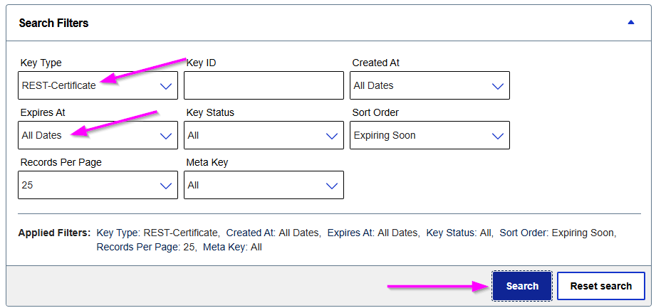 CyberSource Key Management page with Search Filters
