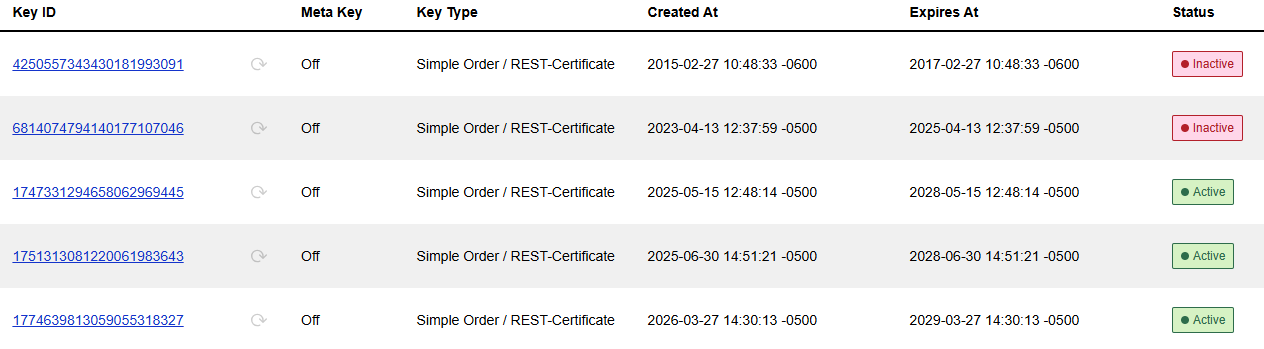 CyberSource Key Management search results