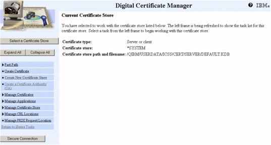 Digital Certificate Manager - Current Certificate Store showing *SYSTEM successfully configured