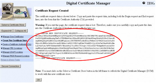 Digital Certificate Manager showing the generated certificate request data to be saved