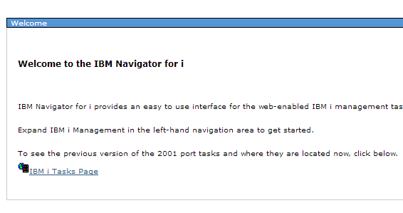 Navigator for i welcome page showing the left-hand task menu