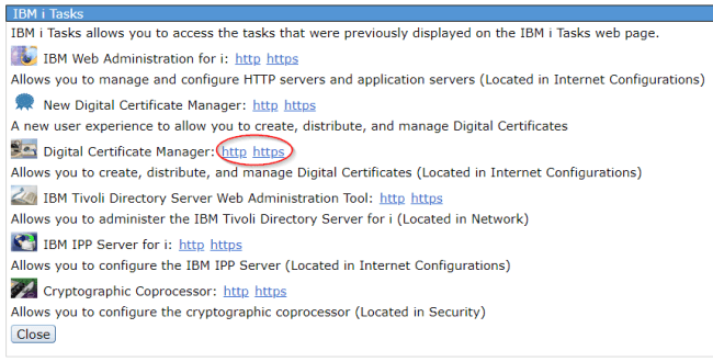 Navigator IBM i Tasks page with Digital Certificate Manager link