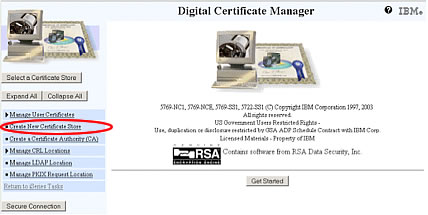 Digital Certificate Manager showing certificate store type selection with *SYSTEM highlighted