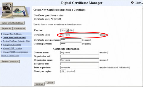 Digital Certificate Manager - Create New Certificate Store form with fields for certificate label, password, and certificate information